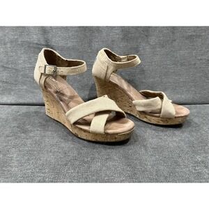 Toms Sandals‎ 9.5 Natural Sierra Canvas Burlap Crisscross Open Toe Cork Wedge